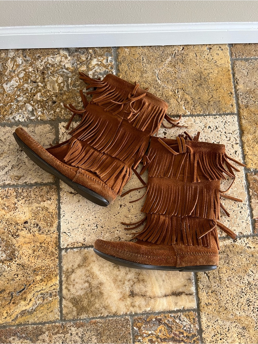 Minnetonka Triple Fringe Suede Mid-Calf Boots - Cognac Brown
